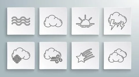 Set line Cloud with snow, Windy weather, Falling star, Sunrise, Storm and Waves Stock Illustration
