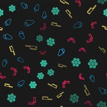 Set line Cloud, Snowflake, Meat chopper and Crossed meat on seamless pattern Stock Illustration