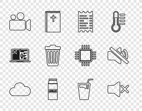 Set line Cloud, Speaker mute, Paper or financial check, package for milk, M.. Stock Illustration