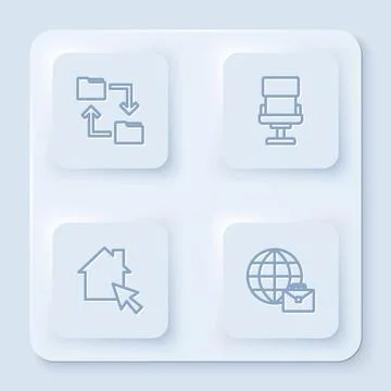 Set line Cloud storage document folder, Office chair, Online working and . White 스톡 일러스트