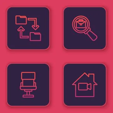 Set line Cloud storage document folder, Office chair, Magnifying glass with 스톡 일러스트