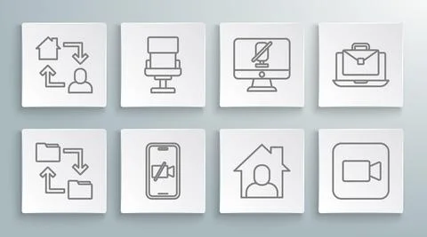 Set line Cloud storage document folder, Office chair, Video camera on mobile 스톡 일러스트