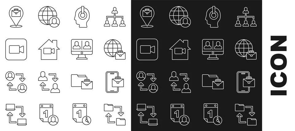 Set line Cloud storage document folder, Freelancer, Online working, Video camera Stock Illustration