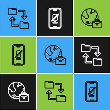 Set line Cloud storage document folder, Online working and Mute microphone on Stock Illustration