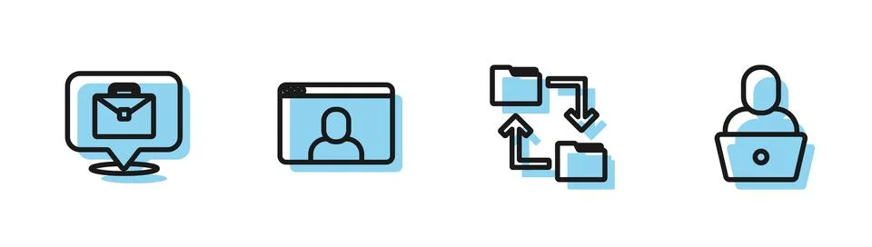 Set line Cloud storage document folder, Online working, Video chat conference Stock Illustration