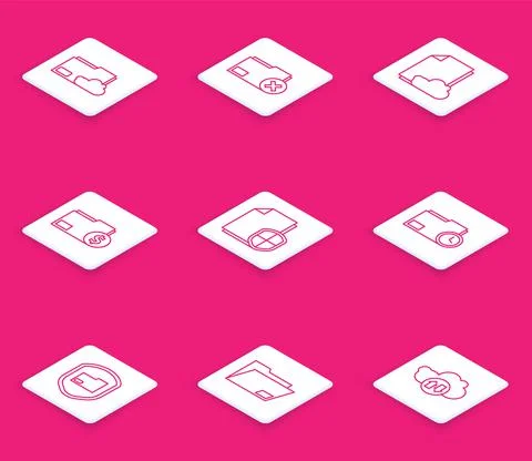 Set line Cloud storage text document folder, Delete, Finance, Document Stock Illustration