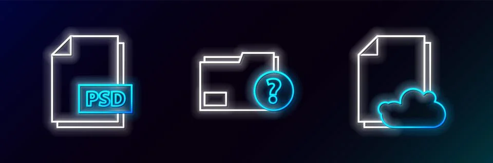 Set line Cloud storage text document, PSD file and Unknown folder icon. Glowing Illustrazione stock