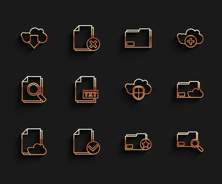 Set line Cloud storage text document, Document and check mark, download, folder Stock Illustration