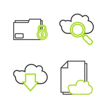 Set line Cloud storage text document, download, Search cloud computing and Stock Illustration