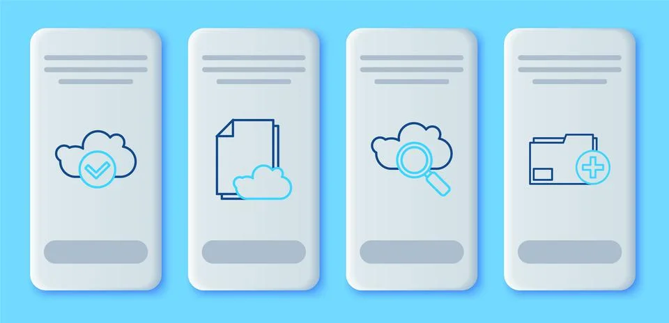 Set line Cloud storage text document, Search cloud computing, with check mark Illustrazione stock