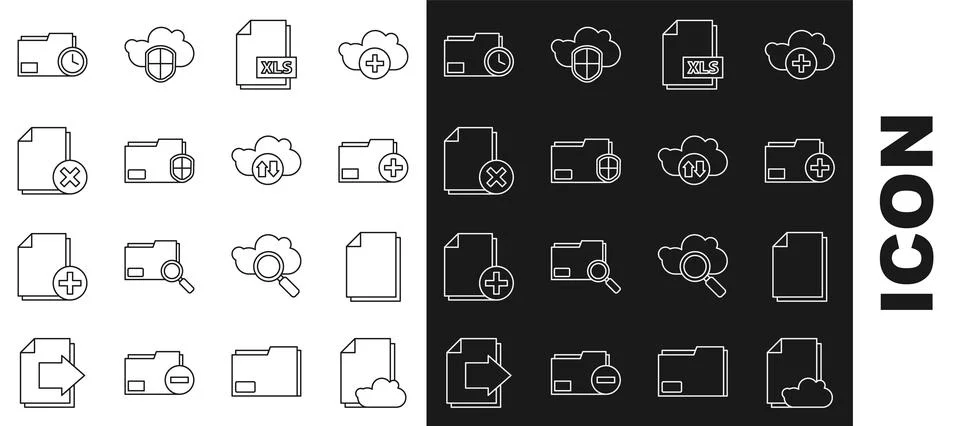 Set line Cloud storage text document, Document, Add new folder, XLS file Stock Illustration