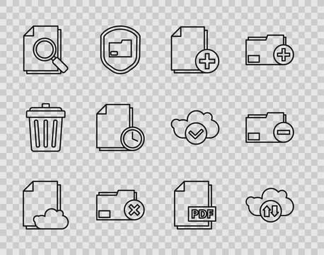 Set line Cloud storage text document, download and upload, Add new file, Delete Illustrazione stock