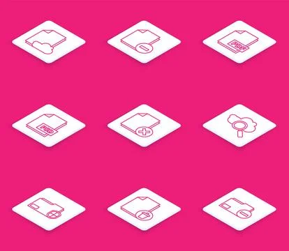 Set line Cloud storage text document, Document with minus, PDF file, PSD, Delete Illustrazione stock