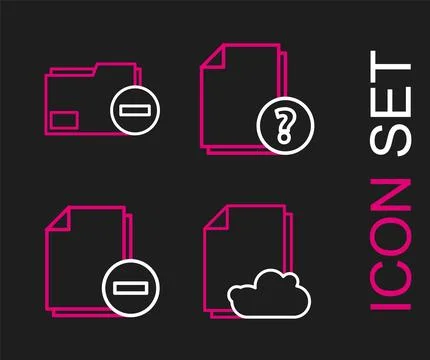 Set line Cloud storage text document, Document with minus, Unknown and folder Stock Illustration
