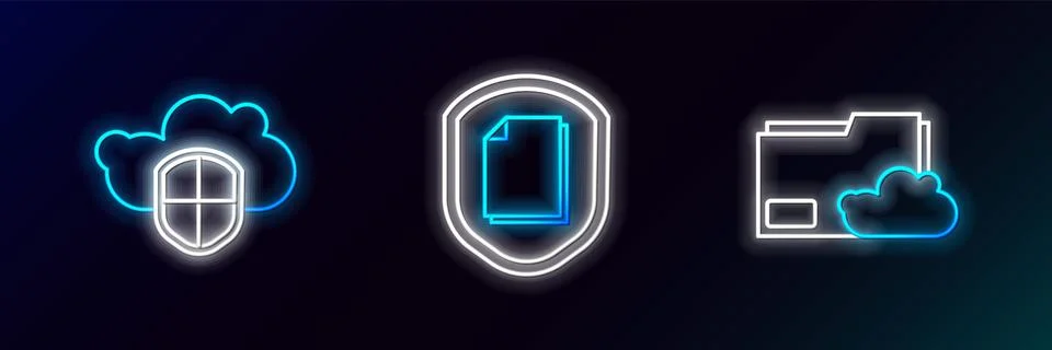 Set line Cloud storage text document folder, and shield and Document protection Stock Illustration