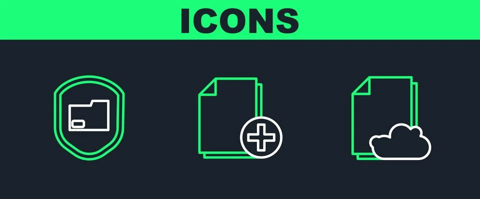 Set line Cloud storage text document, Document folder protection and Add ne.. Stock Illustration