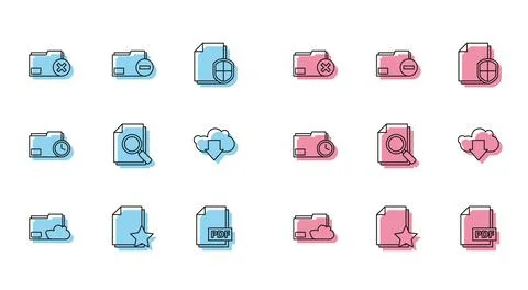 Set line Cloud storage text document folder, Document with star, Delete, PD.. Stock Illustration