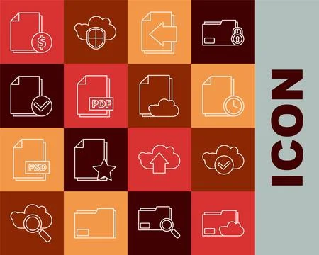 Set line Cloud storage text document folder, with check mark, Document cloc.. Illustrazione stock