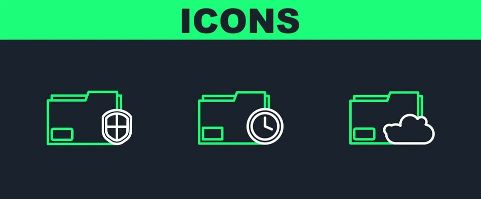 Set line Cloud storage text document folder, Document protection and with c.. Illustrazione stock