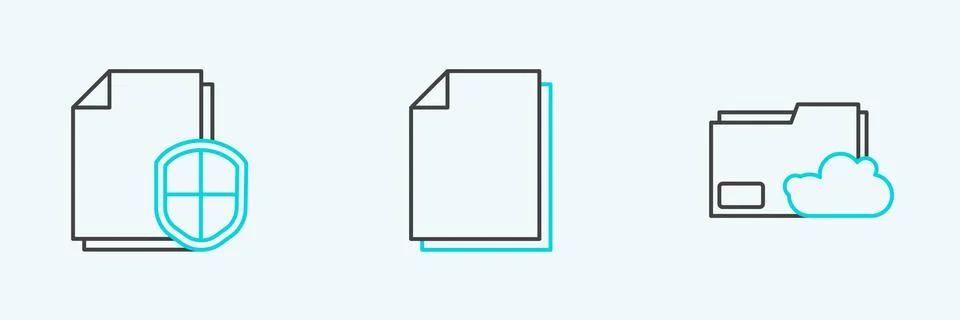 Set line Cloud storage text document folder, Document protection concept an.. Stock Illustration