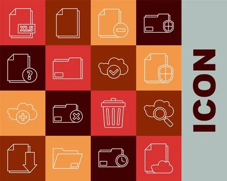 Set line Cloud storage text document, Search cloud computing, Document prot.. Illustrazione stock