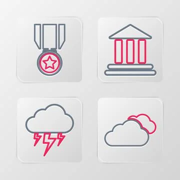 Set line Cloud, Storm, Bank building and Medal with star icon. Vector Illustrazione stock
