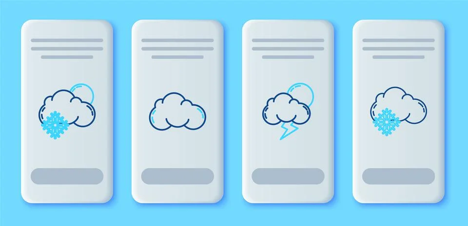 Set line Cloud, Storm, with snow and sun and  icon. Vector Illustrazione stock