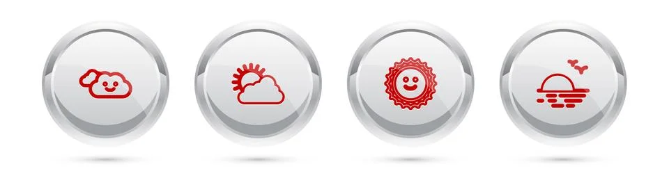 Set line Cloud, Sun and cloud weather, and Sunset. Silver circle button. Vector Stock Illustration