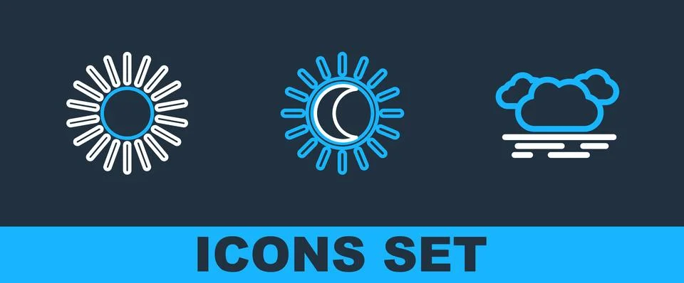 Set line Cloud, Sun and Eclipse of the sun icon. Vector Ilustração Stock