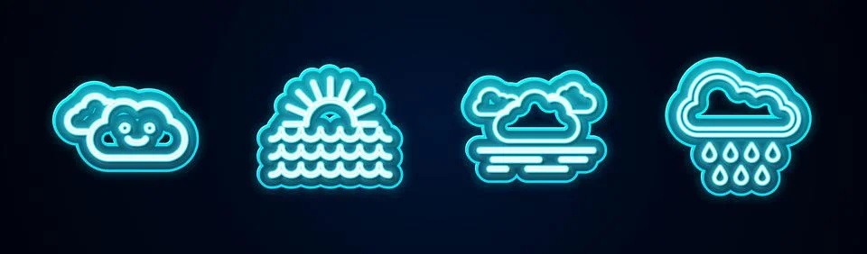 Set line Cloud, Sunset,  and with rain. Glowing neon icon. Vector Stock Illustration