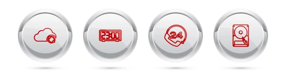Set line Cloud sync refresh, Digital alarm clock, Telephone 24 hours support and Illustrazione stock