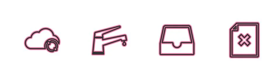 Set line Cloud sync refresh, Social media inbox, Water tap and Delete file Ilustración de archivo