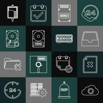 Set line Cloud sync refresh, Delete file document, Social media inbox, SSD card Stock Illustration