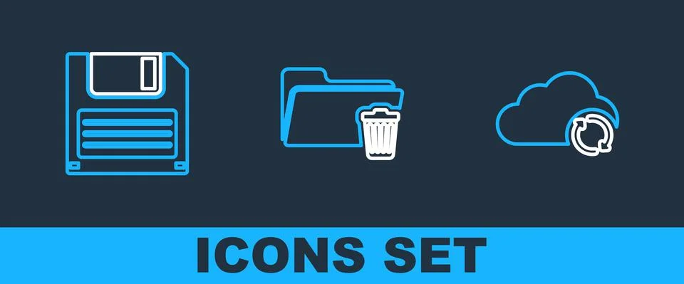 Set line Cloud sync refresh, Floppy disk and Delete folder icon. Vector Stock Illustration