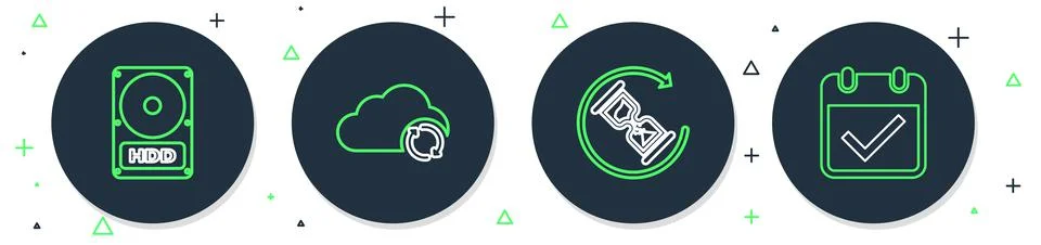 Set line Cloud sync refresh, Waiting, Hard disk drive HDD and Calendar with c Stock Illustration