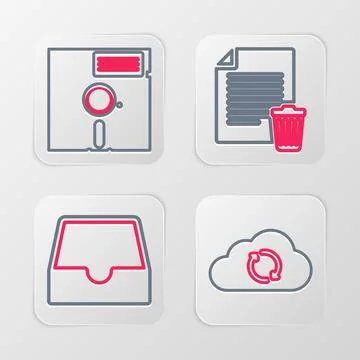 Set line Cloud sync refresh, Social media inbox, Delete file document and Floppy Stock Illustration