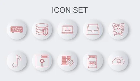 Set line Cloud sync refresh, Music note, tone, Dead laptop, SSD card, Retro.. Stock Illustration
