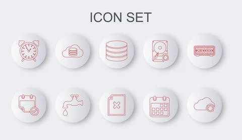Set line Cloud sync refresh, Calendar with check mark, Database, Alarm cloc.. 库存插图