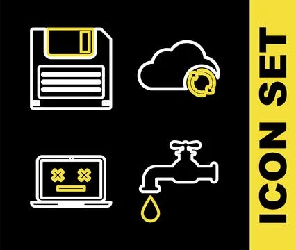 Set line Cloud sync refresh, Water tap, Dead laptop and Floppy disk icon. V.. Stock Illustration