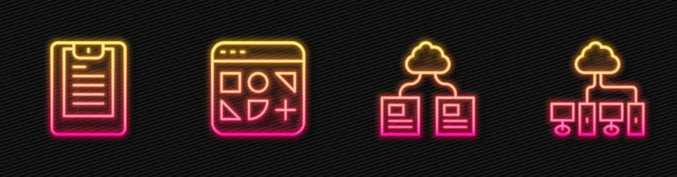 Set line Cloud technology data transfer, Server, Data report, Different files Illustrazione stock