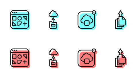 Set line Cloud technology data transfer, Different files, and Data export icon Stock Illustration