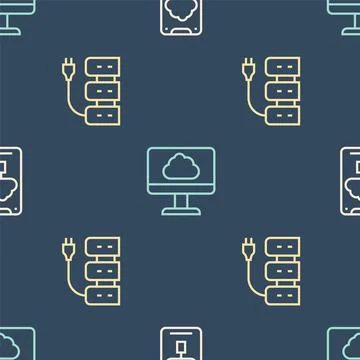 Set line Cloud technology data transfer, Server and on seamless pattern. Vector Illustrazione stock
