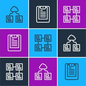 Set line Cloud technology data transfer, Hierarchy organogram chart and Server Stockillustratie