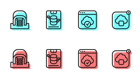 Set line Cloud technology data transfer, Hangar with servers, Server, Data, Web Illustrazione stock