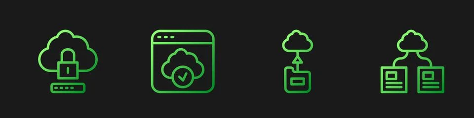 Set line Cloud technology data transfer, computing lock, and . Gradient color 스톡 일러스트