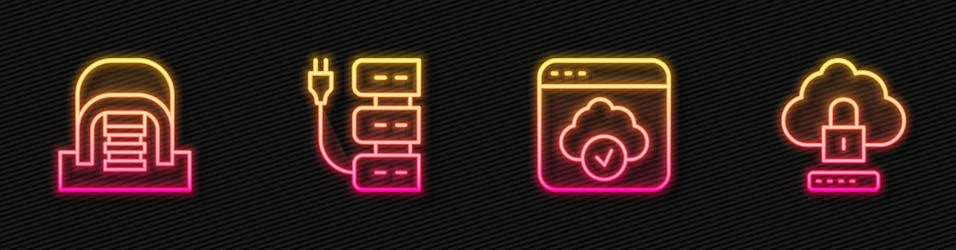 Set line Cloud technology data transfer, Hangar with servers, Server and Illustrazione stock