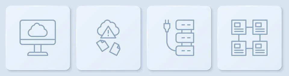 Set line Cloud technology data transfer, Server, hacking and Hierarchy Illustrazione stock