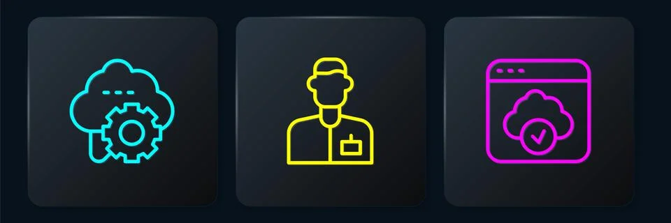 Set line Cloud technology data transfer, and Analyst engineer. Black square Stock Illustration