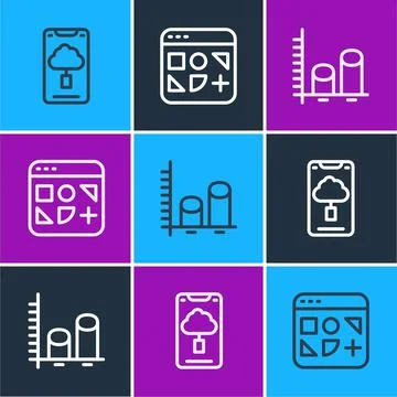 Set line Cloud technology data transfer, Data analysis and Different files ic Stock Illustration
