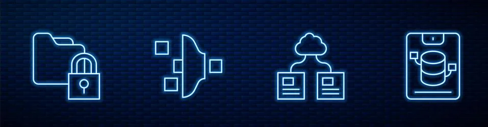Set line Cloud technology data transfer, Folder and lock, Filter setting and Stock Illustration